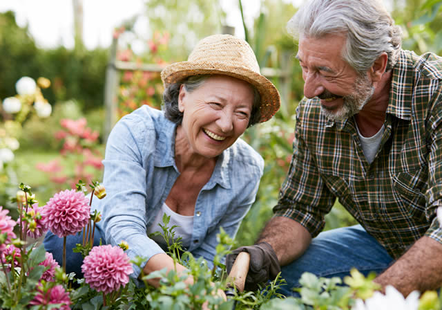 A smiling older couple gardening together among pink dahlias
