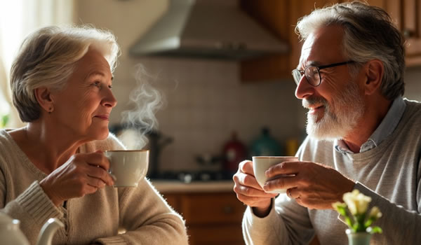 Two older friends sharing tea and conversation at a kitchen table