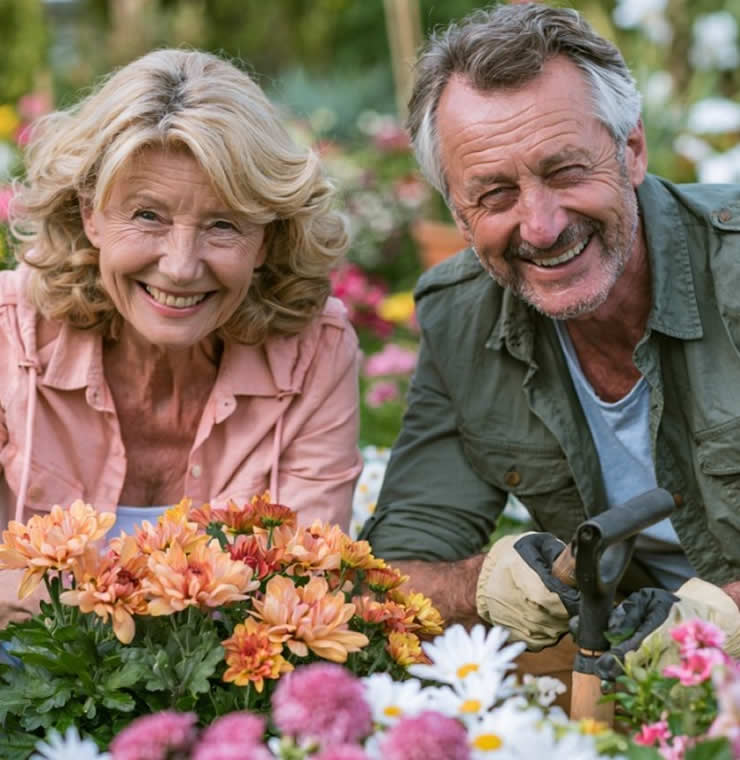 A happy older couple together gardening in A UK flower garden