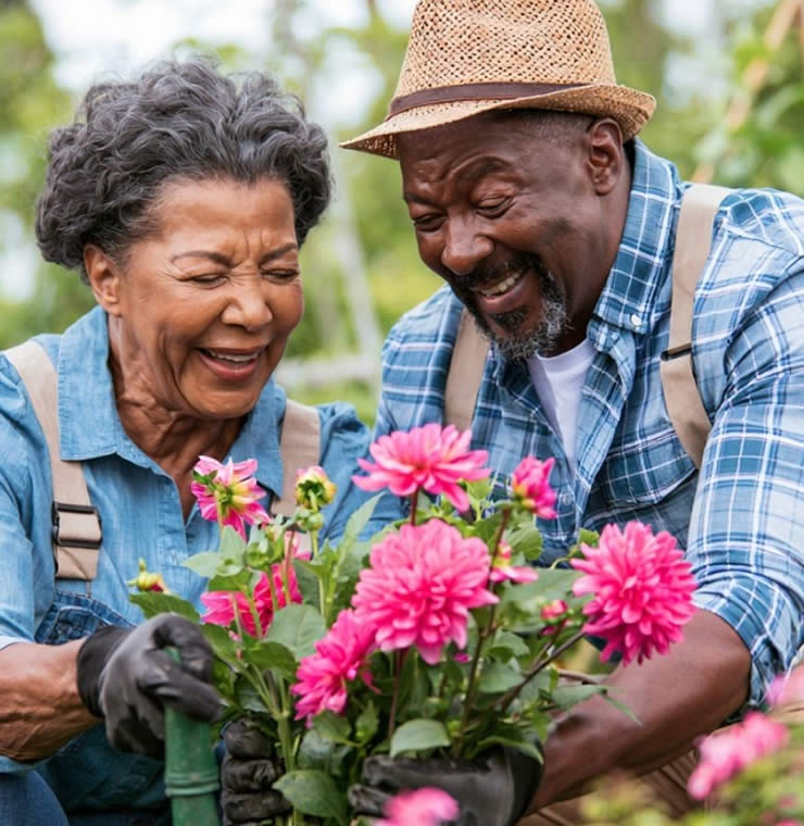 A happy older couple in the garden